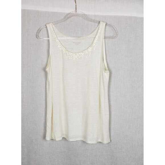 Eileen Fisher Tank Top PM Ivory White Slubbed Sequined Neck 100% Linen Vacation - Picture 1 of 5